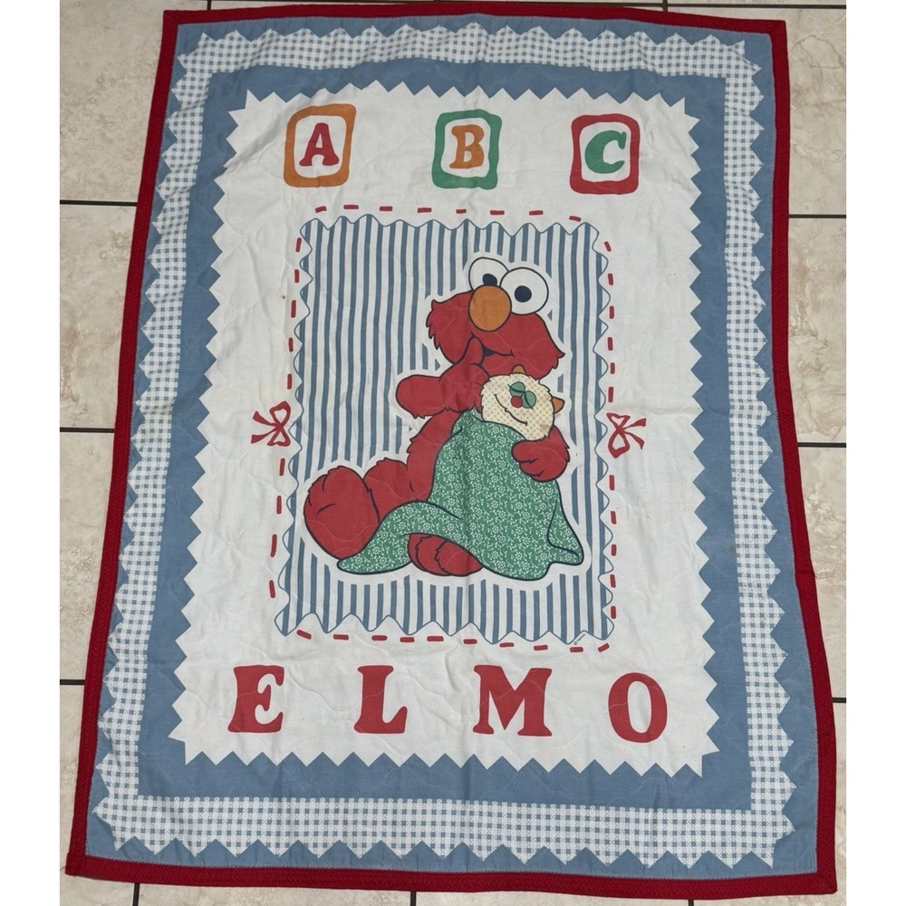 Vintage Homemade Sesame Street Elmo Alphabet Crib Quilt Quilted Blue 43.5X33.5